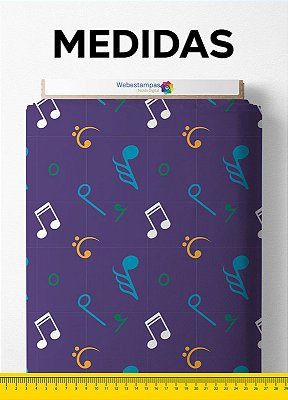 Tecido Tactel Estampa Digital Nota Musical Azul Fundo Roxo 1,55m de Largura