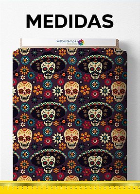 Tecido Tactel Estampa Digital Caveira Mexicana Roxo e Azul 1,55m de Largura