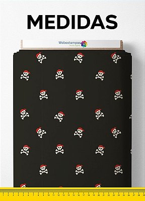 Tecido Tactel Estampa Digital Caveira Pirata Fundo Preto 1,55m de Largura