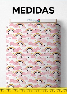 Tecido Tactel Estampa Digital Arco Iris Dourado e Nuvem Rosa 1,55m de Largura