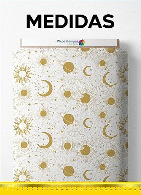 Tecido Tactel Estampa Digital Planetas Dourado Fundo Branco 1,55m de Largura
