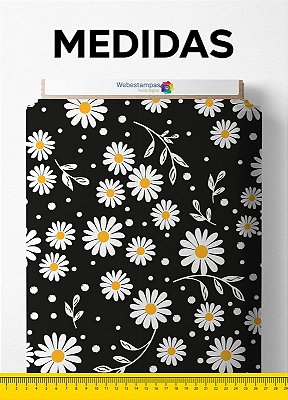 Tecido Oxford Estampa Digital Margaridas Fundo Preto 1,55 de Largura