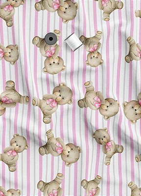 Tecido Oxford Estampa Digital Ursinha com Listras Rosa 1,55 de Largura