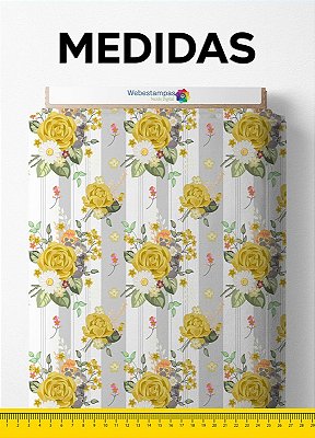 Tecido Velboa Estampa Digital Floral Listrado Amarelo 1,55 de Largura