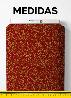 Tecido Veludo Suede Estampa Digital Folhinhas Amarelas Fundo Vermelho 1,40m de Largura