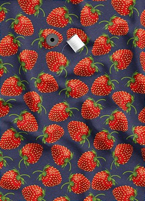 Tecido Veludo Suede Estampa Digital Morangos Fundo Azul Marinho 1,40m de Largura