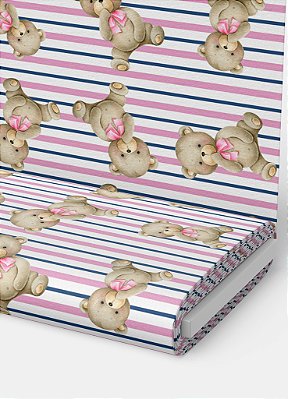 Tecido Veludo Suede Estampa Digital Ursinha com Listras Azul e Rosa 1,40m de Largura