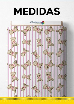 Tecido Tricoline Estampa Digital Ursinha com Listras Rosa 1,55 de Largura