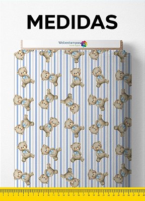 Tecido Tricoline Estampa Digital Ursinho com Listras Azul Bebê 1,55 de Largura