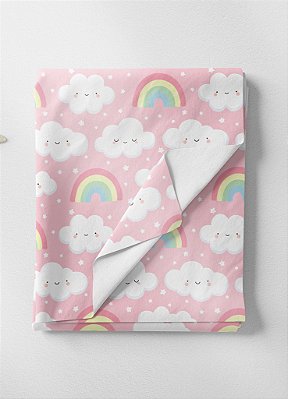 Tecido Oxford Estampa Digital Arco-Íris e Nuvens Fundo Rosa 1,55m de Largura