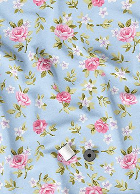 Tecido Micropercal Estampa Digital Floral Fundo Azul Bebê 1,55m de Largura