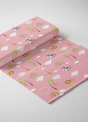 Tecido Micropercal Estampa Digital Safári Fundo Rosa 1,55m de Largura