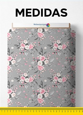 Tecido Micropercal Estampa Digital Rosas Rosa e Branca Fundo Cinza 1,55m de Largura