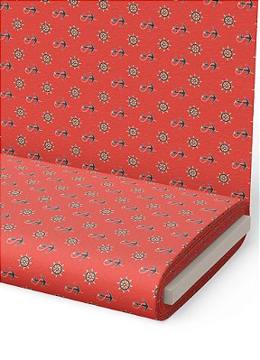 Tecido Micropercal Estampa Digital Ancora Azul Fundo Vermelho 1,55m de Largura