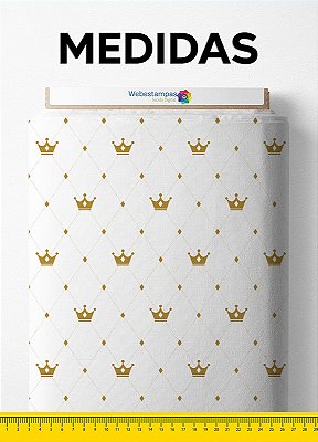 Tecido Micropercal Estampa Digital Coroa Dourada Fundo Branco 1,55m de Largura