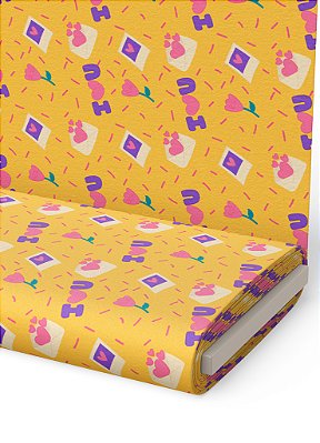 Tecido Micropercal Estampa Digital Corações Fundo Amarelo 1,55m de Largura
