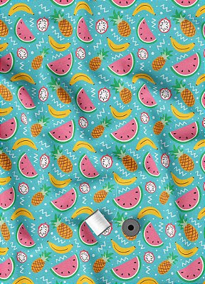 Tecido Micropercal Estampa Digital Frutas Fundo Azul 1,55m de Largura