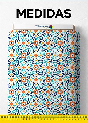 Tecido Micropercal Estampa Digital Mosaico Azul Fundo Branco 1,55m de Largura