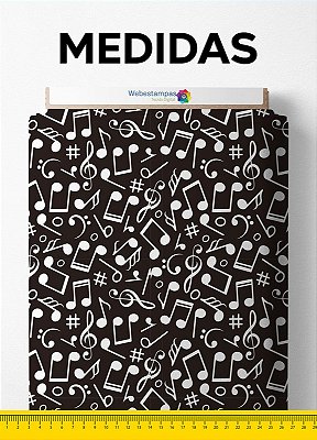 Tecido Micropercal Estampa Digital Notas Musicais Branco Fundo Preto 1,55m de Largura