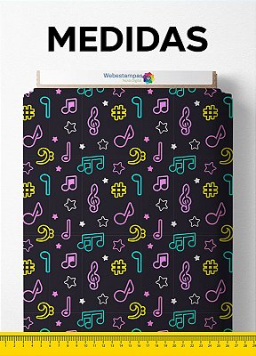 Tecido Micropercal Estampa Digital Notas Musicais Neon 1,55m de Largura