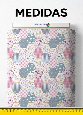 Tecido Micropercal Estampa Digital Colmeia Floral Azul e Rosa 1,55m de Largura