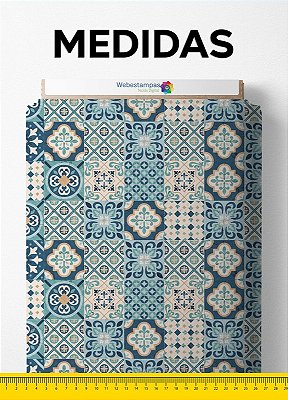 Tecido Micropercal Estampa Digital Arabesco Azulejo Azul e Palha 1,55m de Largura
