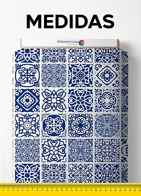 Tecido Micropercal Estampa Digital Arabesco Azulejo Marinho 1,55m de Largura