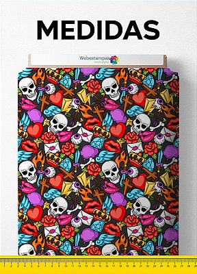 Tecido Micropercal Estampa Digital Caveira Tatuagens Coloridas 1,55m de Largura
