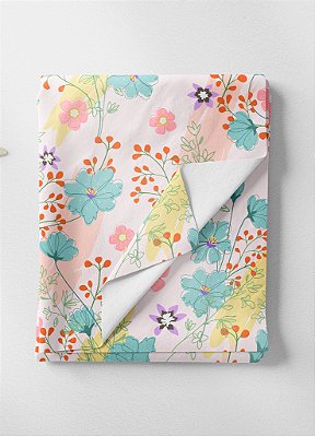 Tecido Percal 200 Fios Estampa Digital Floral Azul Laranja e Rosa 1,50m de Largura
