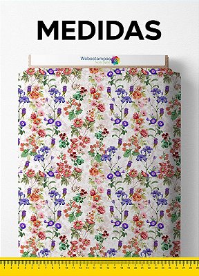 Tecido Percal 200 Fios Estampa Digital Floral Laranja Roxo e Verde 1,50m de Largura