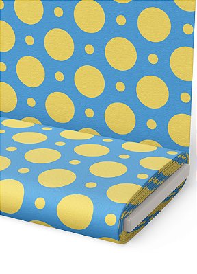 Tecido Tricoline Estampa Digital  Bolinha Amarela Fundo Azul 1,55m de Largura