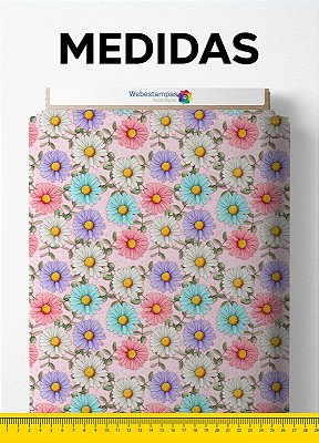 Tecido Tricoline Estampa Digital Margarida Azul Rosa e Roxa 1,55m de Largura
