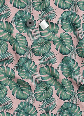 Tecido Tricoline Estampa Digital Folhas Verdes Fundo Rosa 1,55m de Largura