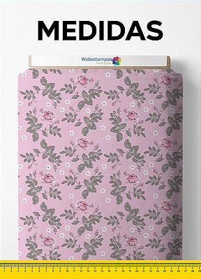 Tecido Tricoline Estampa Digital Floral Rosa e Cinza 1,55 de Largura