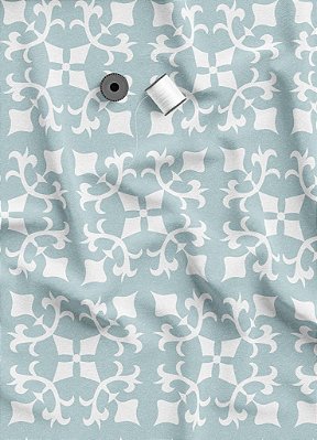 Tecido Tricoline Estampa Digital Arabesco Médio Branco Fundo Azul 1,55m de Largura