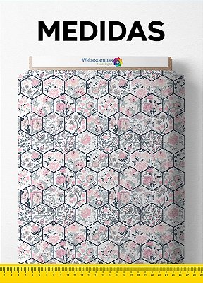 Tecido Malha 100% Algodão Fio 30 Estampa Digital Colmeia Floral Cinza 1,50m de Largura