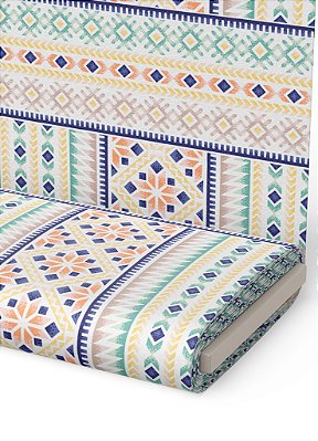 Tecido Malha 100% Algodão Fio 30 Estampa Digital Étnica Azul Verde e Amarelo 1,50m de Largura