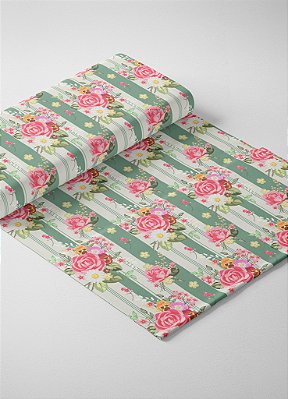 Tecido Malha 100% Algodão Fio 30 Estampa Digital Floral Listrado Verde 1,50 de Largura