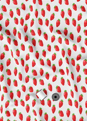 Tecido Malha 100% Algodão Fio 30 Estampa Digital Morango Fundo Branco 1,50m de Largura