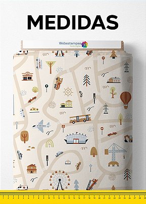 Tecido Malha 100% Algodão Fio 24 Estampa Digital Cidade Fundo Bege 1,50m de Largura