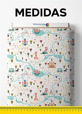 Tecido Malha 100% Algodão Fio 24 Estampa Digital Reino Encantado Fundo Branco 1,50m de Largura