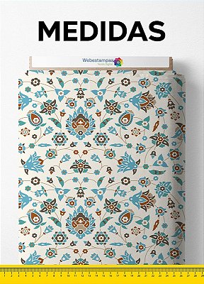 Tecido Suedine Estampa Digital Arabesco Floral Azul Com Beje 1,60m de Largura