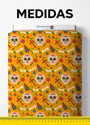 Tecido Cetim Estampa Digital Caveira Mexicana Fundo Amarelo 1,40m de Largura