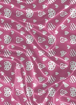 Tecido Cetim Estampa Digital Coração Branco Fundo Pink 1,40m de Largura