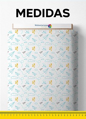Tecido Cetim Estampa Digital Avião de Papel e Nuvem Azul 1,40m de Largura