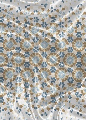 Tecido Cetim Estampa Digital Arabesco Mosaico Azul e Palha 1,40m de Largura