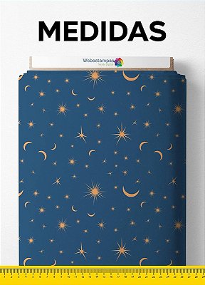 Tecido Cetim Estampa Digital Mini Luas e Estrelas Douradas 1,40m de Largura