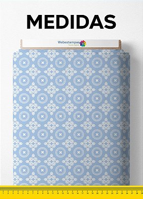 Tecido Cetim Estampa Digital Circulo Arabesco Branco e Azul 1,40m de Largura