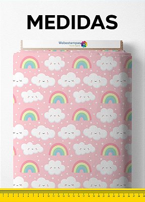 Tecido Cotton Estampa Digital Arco-Íris e Nuvens Fundo Rosa 1,60m de Largura
