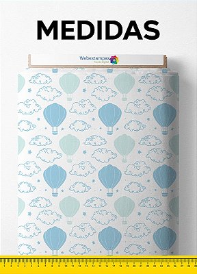 Tecido Cotton Estampa Digital Balões e Nuvem Azul 1,60m de Largura